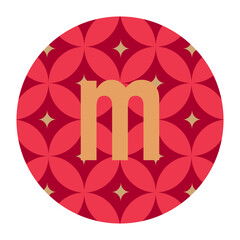 Fototapeta premium Beautiful ‘m’ character in golden hues inside floral circular red backdrop. Perfect for branding and decorative use.