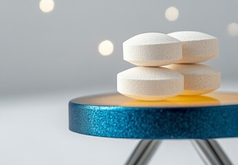 Off White Effervescent Tablets on Teal Stand with Bokeh Lights