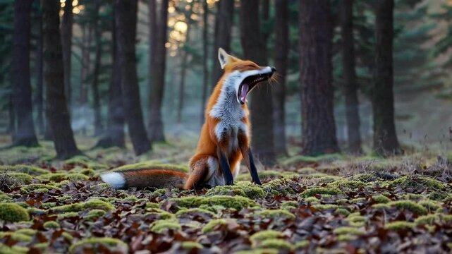 Renard roux assis dans une for&ecirc;t brumeuse au petit matin, b&acirc;illement naturel puis mouvement d&rsquo;&eacute;tirement, lumi&egrave;re douce &agrave; travers les arbres, sc&egrave;ne r&eacute;aliste d&rsquo;animal sauvage