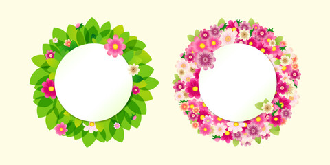 Set of beautiful floral wreaths with flowers and leaves. Green and pink template of round frames. Spring or summer collection. 3D graphic. Label design with white sheet of paper and copy space.