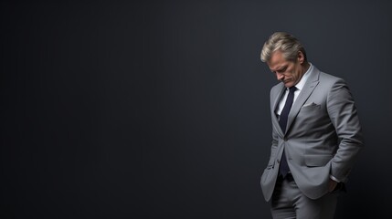 A middle-aged businessman in a wrinkled gray suit, side profile with head down, eyes closed, and a somber expression