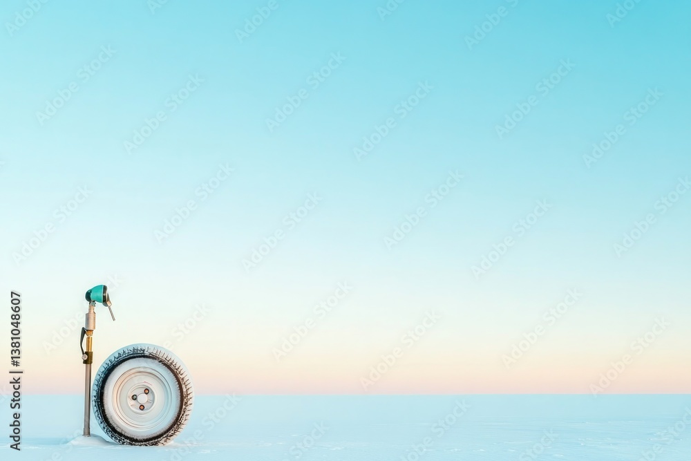 Poster serene view of car tire being inflated with pump in snowy setting clean layout leaving ample room fo
