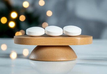 White Pills Balanced on Wooden Scale with Bokeh Lights