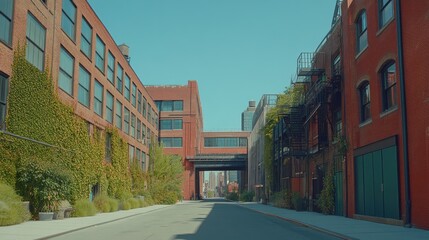 Urban alleyway with brick buildings and greenery. A quiet, sunlit passage between revitalized industrial buildings. Plants and foliage flourish along the walls