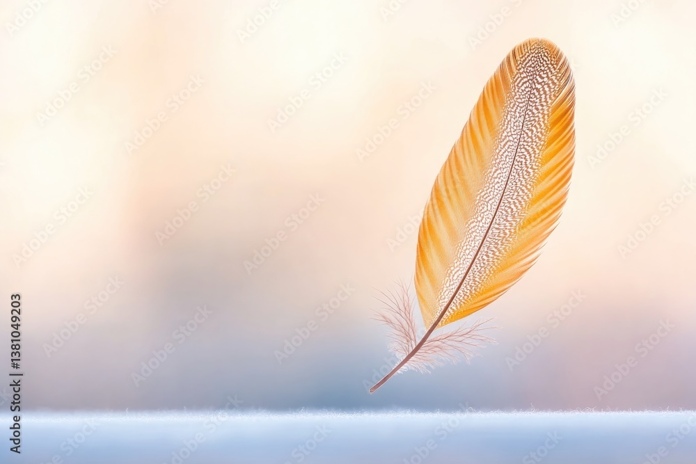 Poster single delicate feather with intricate patterns on blurred neutral background