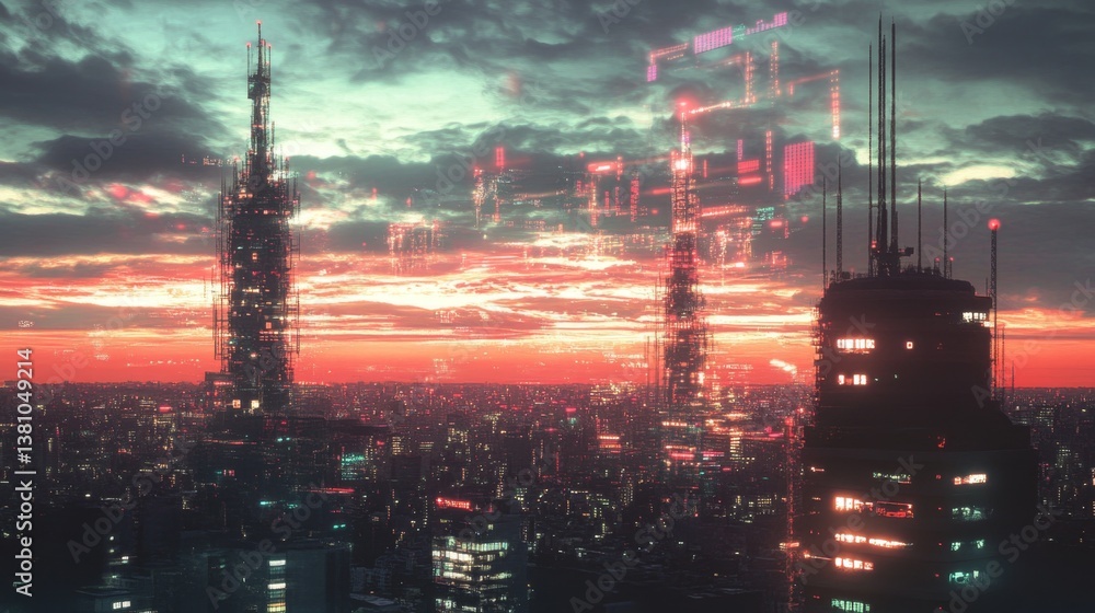 Aufkleber a cityscape with telecommunications towers and digital data streams flowing through the air, symboli