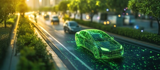 Green energy car driving on smart road at sunset