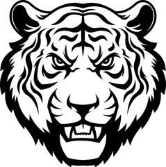 Black And White Tiger Head Mascot In Bold Line Style