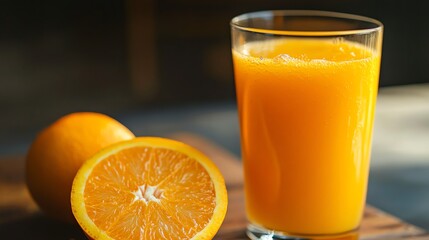 Fresh orange juice in a glass with oranges.