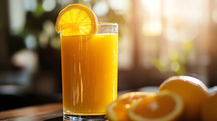 Fresh orange juice with a slice of orange garnish.