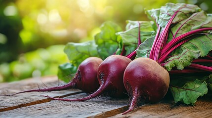 Fresh organic beets on rustic wooden table.