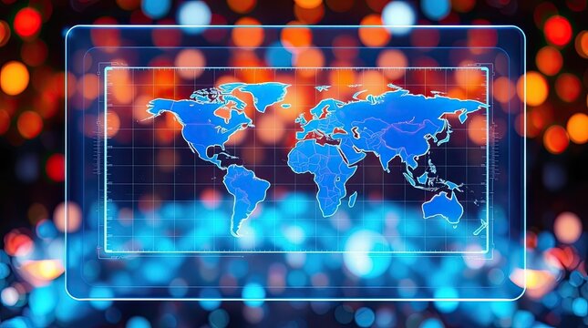 A digital world map glows brightly against a blurred background