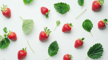Fresh strawberries and leaves on white surface.