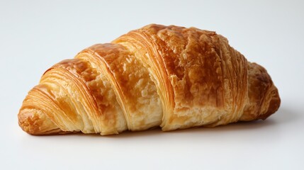 Freshly baked golden croissant on white background.