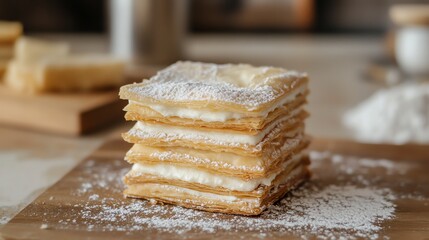 Layered pastry with cream and powdered sugar.