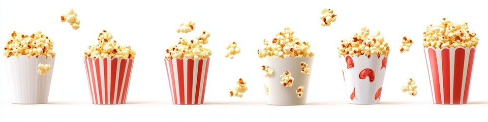 Popcorn in Striped Containers with Flying Kernels on White Background