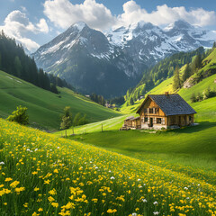 Fototapeta premium A house sits amidst a field of flowers On white background