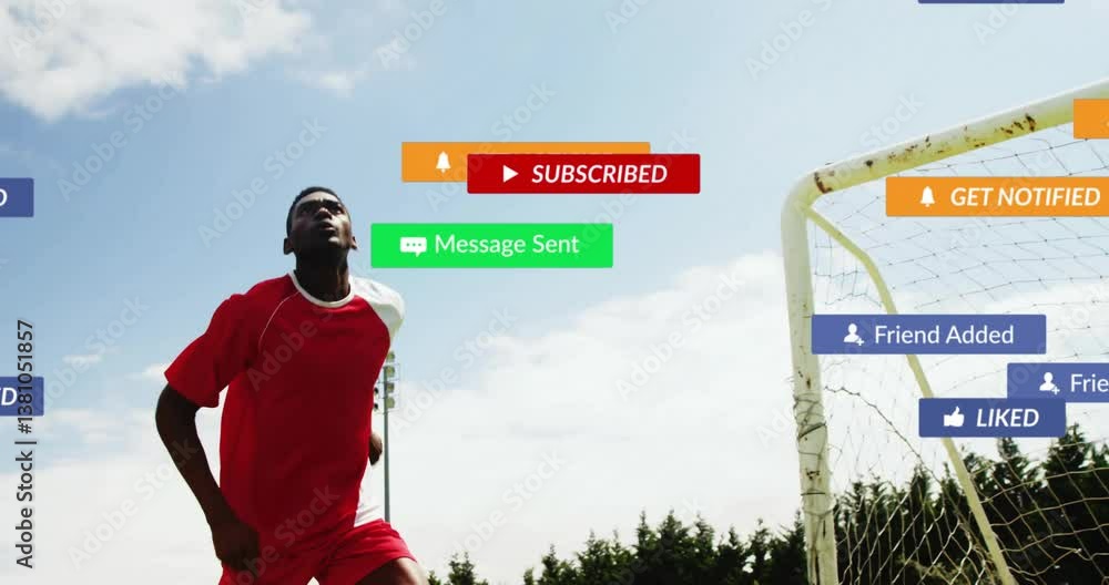 Poster soccer player in red uniform with animation of social media notifications in sky