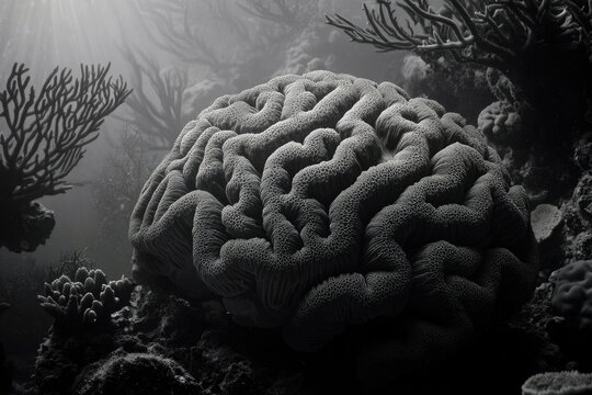 Brain coral resembling a human brain, underwater, black and white photography.