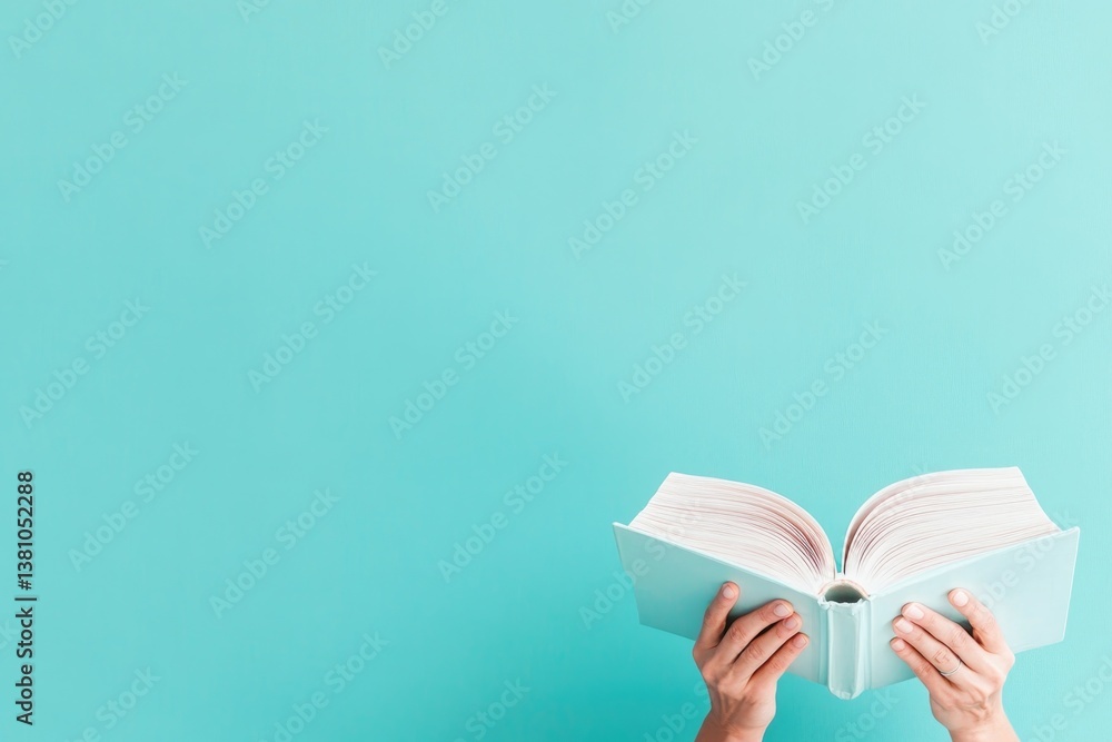Poster teacher holds open book in front of minimalistic smooth blue background providing ample copy space