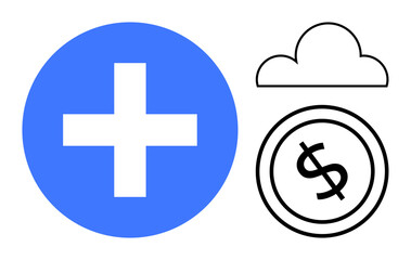 Blue cross beside dollar coin within a cloud outline, symbolizing healthcare costs, financial planning, and technology. Ideal for healthcare, savings, cloud computing, innovation, business
