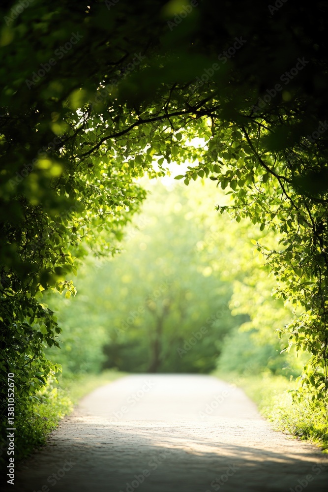 Poster tree-lined path surrounded by budding branches inviting viewer into scene of springtime renewal