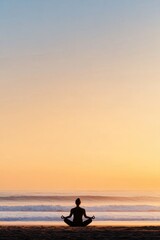 tranquil yoga session on serene beach during sunrise with solitary silhouette holding meditative pose gentle waves