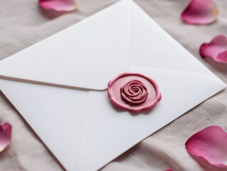 Elegant White Envelope with Pink Rose Wax Seal on Soft Background