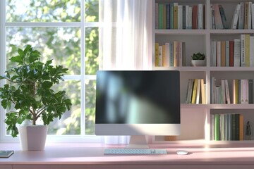 Home office workspace by window, sunlight, bookshelves, calm