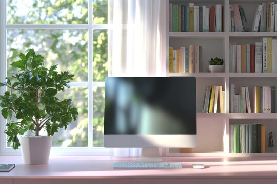 Home office workspace by window, sunlight, bookshelves, calm