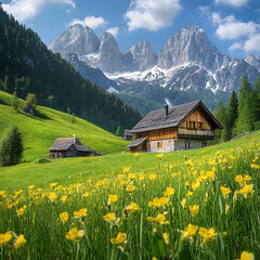 A house sits amidst a field of flowers On white background