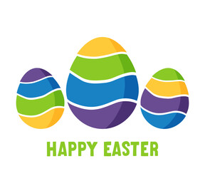 colorful striped easter eggs with happy easter text greeting card. Vector flat illustration isolated on white background.