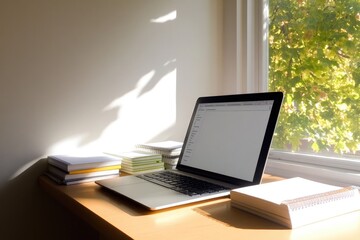 empty study desk with sleek laptop open to e-learning platform bathed in natural light from nearby window