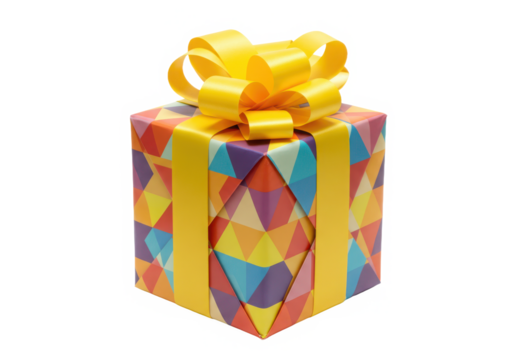 A colorful gift box with yellow ribbon and bow on a black background view