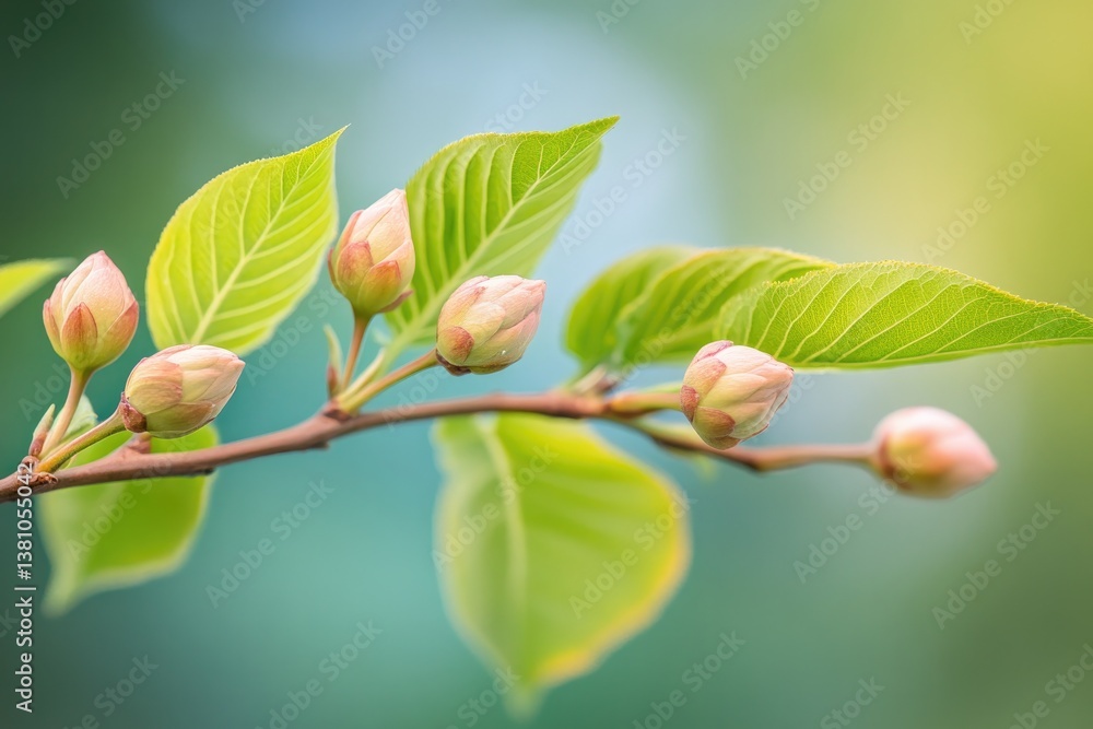 Poster capture close-up of emerging spring buds on green branch set against blurred background with vibrant