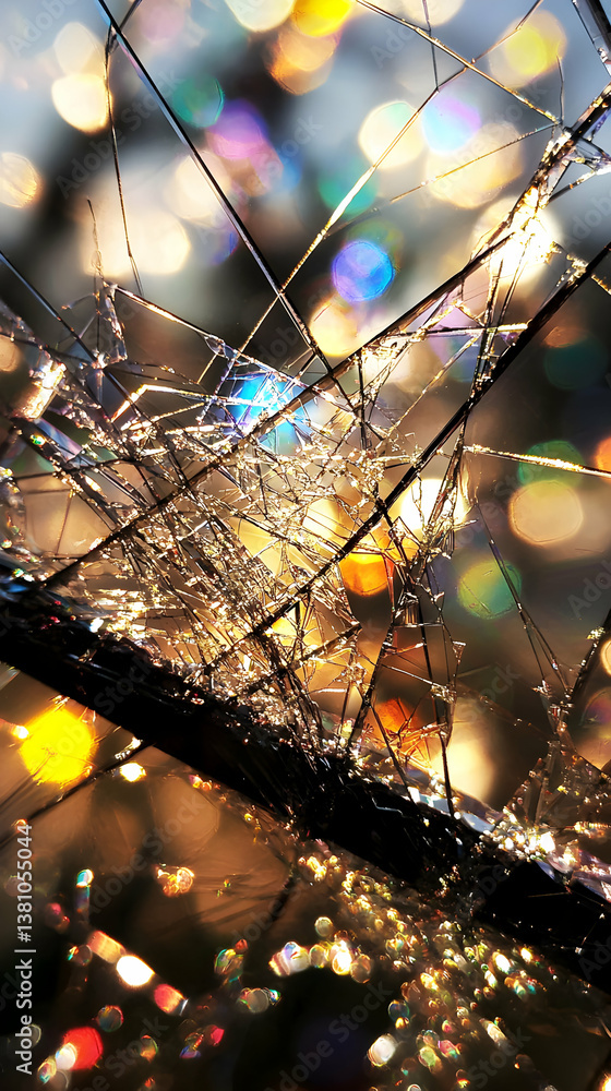 Poster close-up of dew-covered spiderweb with colorful bokeh background
