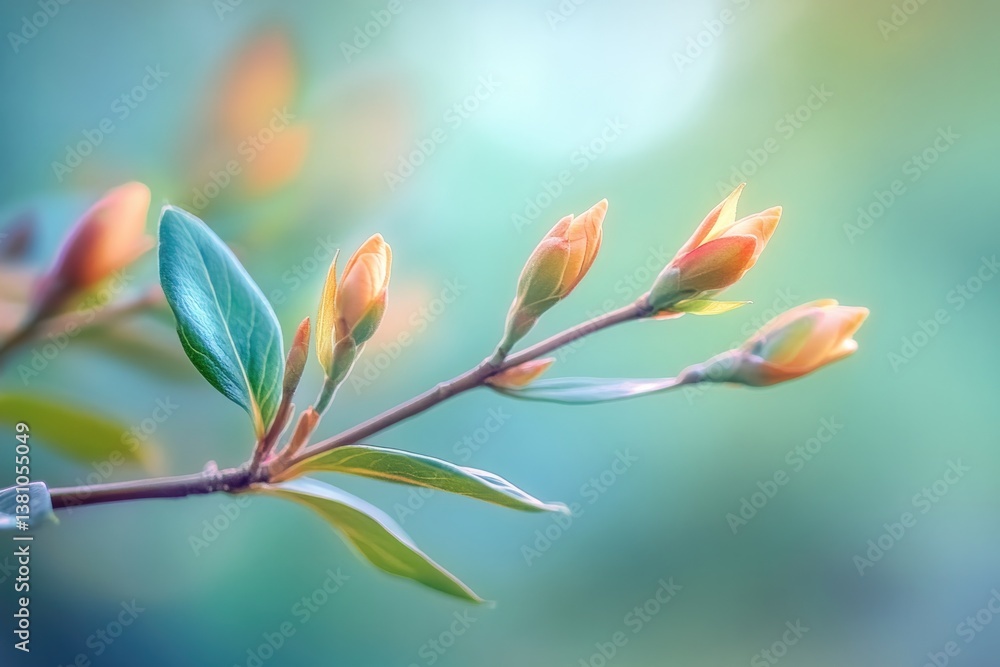 Poster capture close-up of emerging spring buds on green branch set against blurred background with vibrant