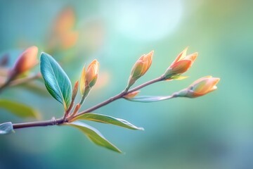 capture close-up of emerging spring buds on green branch set against blurred background with vibrant color gradations
