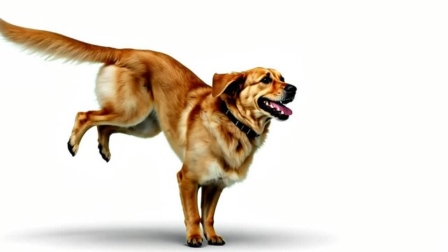 Golden Retriever in mid-air, playful jump, dynamic pose, studio shot, white background