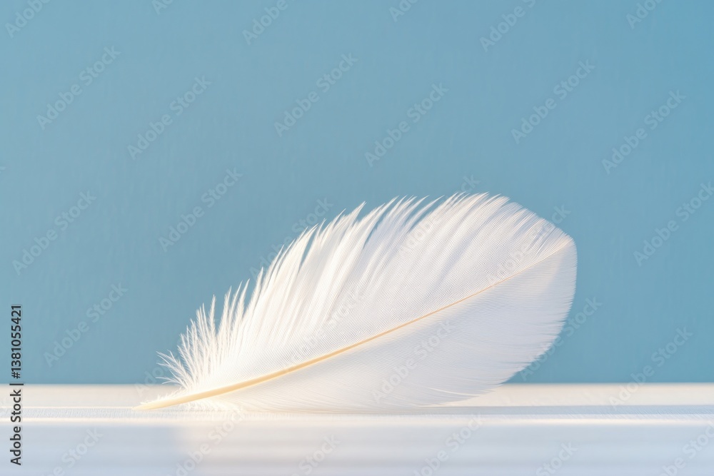 Poster capture single lone white feather resting on pristine wooden surface illuminated by soft natural lig