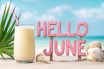Hello June Background Banner. Refreshing Drink and Hello June Sign on Tropical Beach Setting