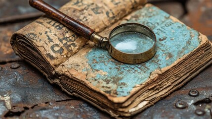 Antique Book and Magnifying Glass on Rusty Surface: A Glimpse into History