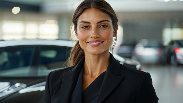 A confident female salesperson in a modern car showroom