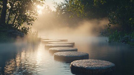 Serene stone path through misty forest river