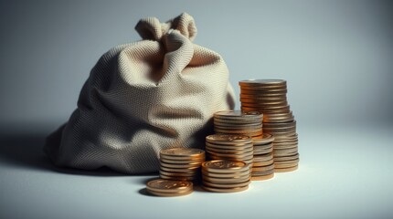 A canvas sack and coins stacked on white surface