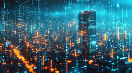 Futuristic city skyline with digital overlay.  A vibrant cityscape at night, rendered with glowing structures, digital data streams, and neon lights, creating a futuristic 