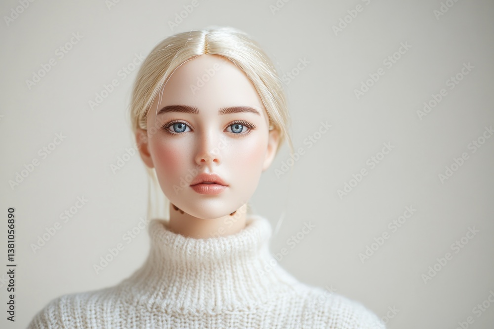 Poster dollcore portrait on solid smooth background with minimalistic design elements and ample copy space