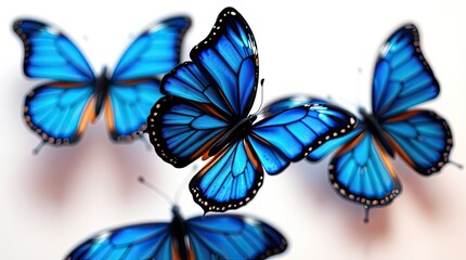 Several beautiful blue butterflies appear to be in mid flight