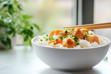 Bowl of rice with orange chicken, apple, and carrots on wooden table