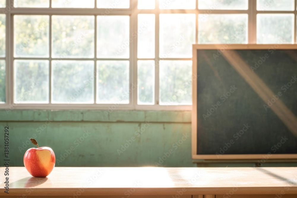 Poster image of tidy classroom with empty chalkboard sunlight streaming in through